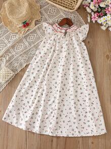 SHEIN Tween Girl' Ditsy Floral Princess Style Casual Dress, Spring/Summer Outdoor Childrenswear - Beige - View 4