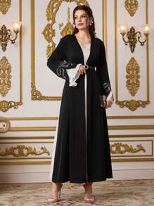 Al Najma Women's Elegant Contrast Color Block Crystal Decor Arabian Abaya Dress, Formal Summer Black Abaya, Modest Robe  Gulf Abayas - Black and White - View 3