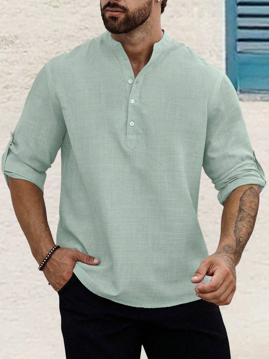Manfinity Homme 男式宽松半扣卷袖衬衫 - 綠色 - 查看 1
