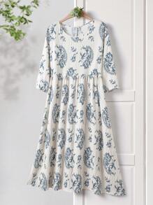 Rusticease 女士植物印花 3/4 袖休闲长款度假连衣裙