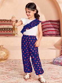 SHEIN Young Girl Casual Matching Mother-Daughter Knitted Plain Ruffle Hem Fitted Casual T-Shirt And Wide-Legged Pants With Woven Floral Loose Fit And Elastic Cuffs Two Pieces Set, Suitable For Spring And Summer, Perfect For Vacations - Blue - View 1