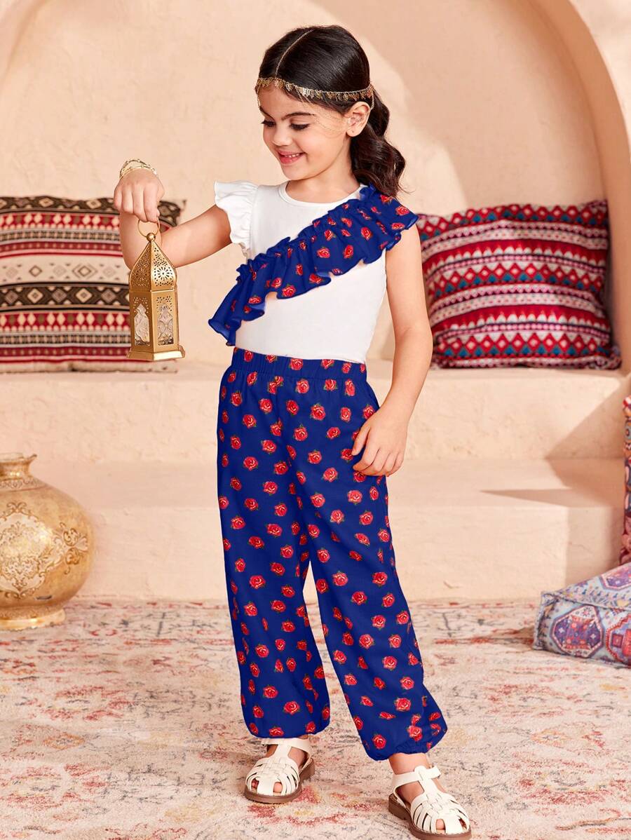 SHEIN Young Girl Casual Matching Mother-Daughter Knitted Plain Ruffle Hem Fitted Casual T-Shirt And Wide-Legged Pants With Woven Floral Loose Fit And Elastic Cuffs Two Pieces Set, Suitable For Spring And Summer, Perfect For Vacations - Blue - View 1