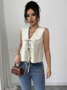 Chiquease 女士蝴蝶结领无袖优雅衬衫 - 卡其色 - 查看 6