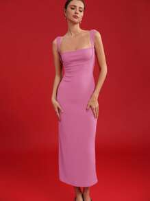 GENKIRA Vestido Elegante e Romântico com Decote Quadrado, Gola Bordô Vermelho Vintage, Estampa Texturizada, Sem Mangas, para Festa do Ano Novo Chinês - Roxo - Visão 4