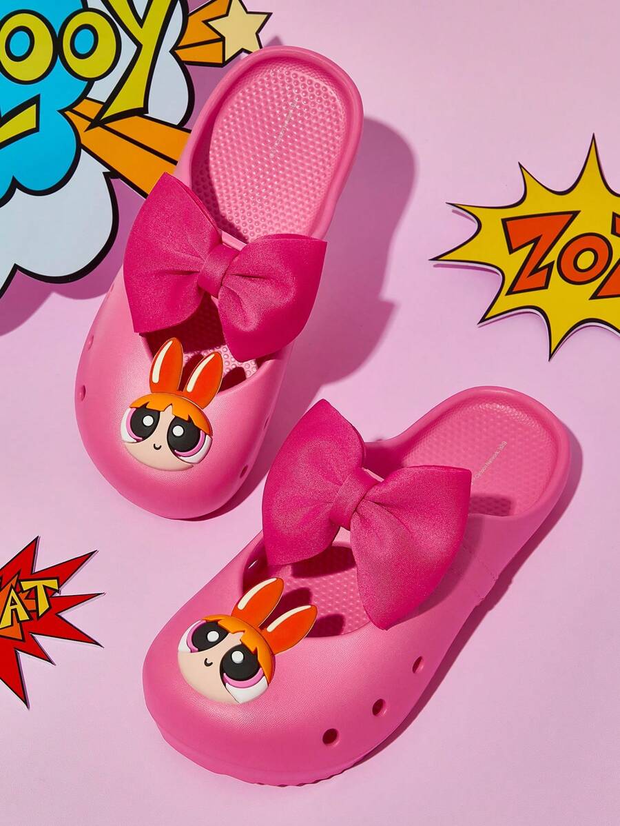 THE POWERPUFF GIRLS X SHEIN Oversized Bow Cute Cartoon Bubbles White Ladies Slippers, Lightweight EVA Material, Suitable For Indoor And Outdoor Wear For Casual Beach Style,Y2K - Hot Pink - View 1