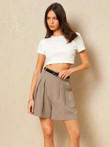 Poéselle Chic High-Waisted Pinstripe Shorts With Belt - Effortless Elegance For Any Occasion,High-Waisted Shorts, Pinstripe Fashion, Women's Tailored Shorts, Casual Chic Outfits, Stylish Summer Bottoms - Multicolor - View 1