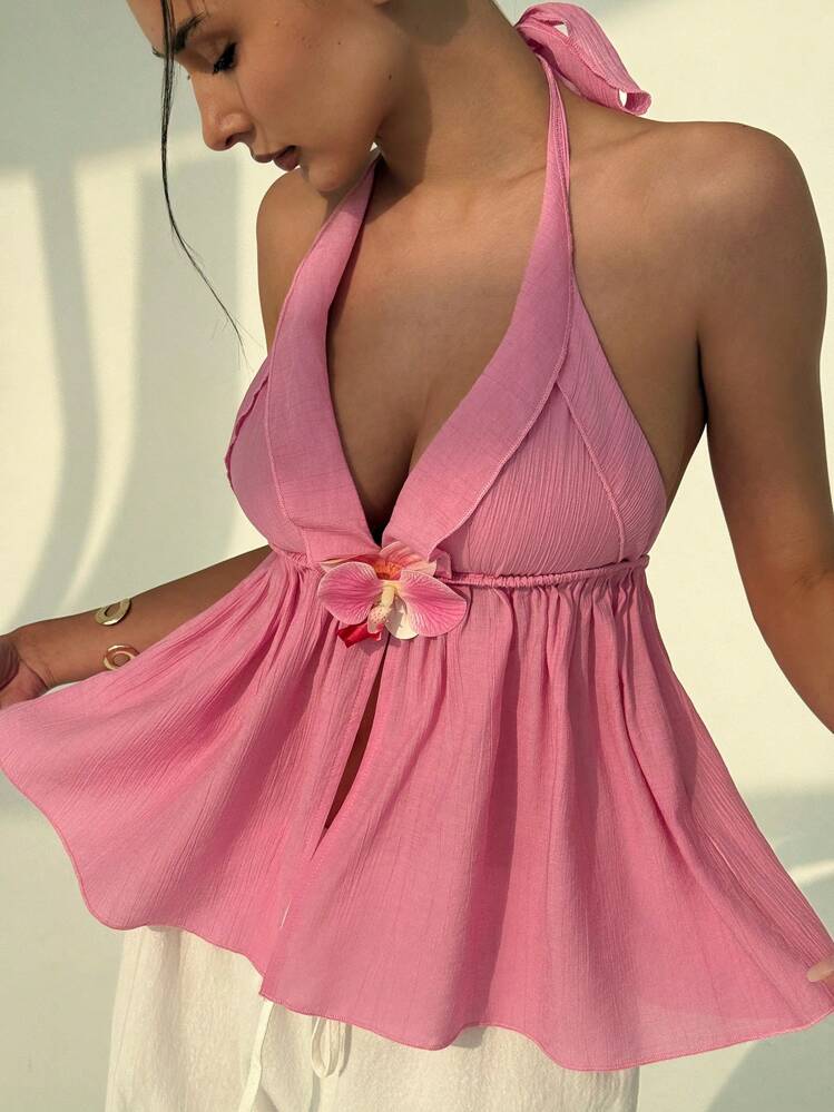 Aloruh Top halter elegante de jacquard sexy con espalda al descubierto y lazo, top cropped con diseño floral y espalda abierta - Rosa Pálido - Añade 1