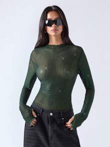 LYSMO Green Rhinestone-Embellished Women's Top - Dark Green - View 5