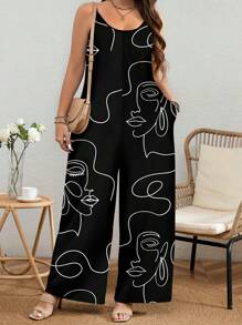 EMERY ROSE Plus Size Women Line Figure Print Wide Leg Spaghetti Strap Jumpsuit Suitable For Going Out,Flower/Spring/Summer/Vacation - Black - View 4