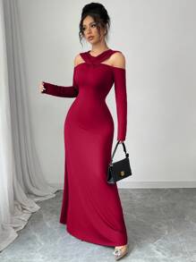 Modelyn 女式纯色露肩修身前扭纹长袖连衣裙 - 酒紅色 - 查看 6