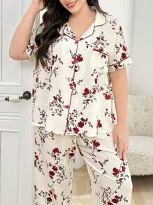 Plus Size Women Floral Print Gauze Ruffled Collar Patch Pocket Top And Pants Pajama Set