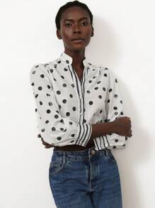 Aveloria Modichic 2025 春夏优雅法式浪漫蓝白撞色水彩波点 V 领条纹拼布修身女士长袖衬衫 - 黑與白 - 查看 3