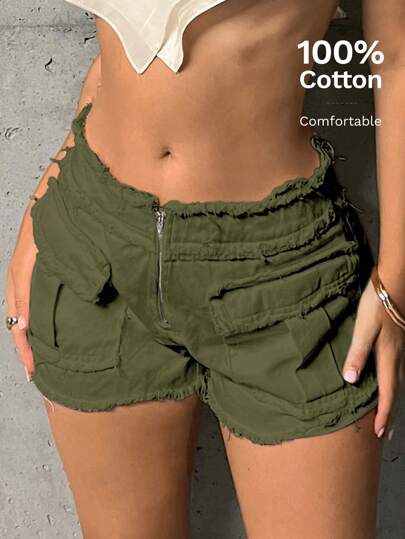 SHEIN ICON Shorts con cremallera con bolsillo con solapa ribete crudo cargo