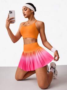 Easithlete Women Solid Color Spaghetti Strap Simple Crop Top And Mini Skirt Sports Set - Multicolor - View 1