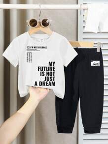 2pcs/Set Young Boy Casual Simple Letter Print Round Neck Short Sleeve T-Shirt And Pants Set