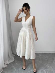 Rafferiza Sleeveless Cinched Waist Button Down Cutout Hem Skater Dress