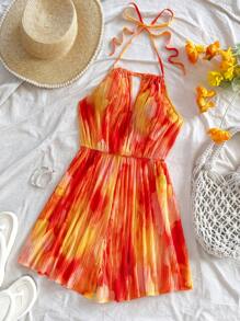 Soleia 扎染花卉印花 V 领露背连体裤，带腰部抽绳，女式，度假风格 - 彩色 - 查看 6