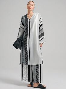 Ontre 女式宽松条纹图案印花上衣，休闲时尚，舒适夏日，适合海岛度假，简约拼色几何印花 - 黑與白 - 查看 7