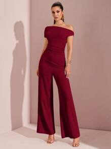 SHEIN BAE 女式不对称褶皱阔腿连体裤，适合春夏季度假、海滩、泳池派对、庆典、约会之夜、外出 - 酒紅色 - 查看 5