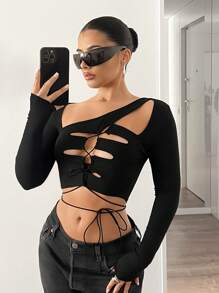 SHEIN ICON Women's Sheer Panel Asymmetrical Cutout Short Black Long Sleeve T-Shirt, Sexy Outdoor Style