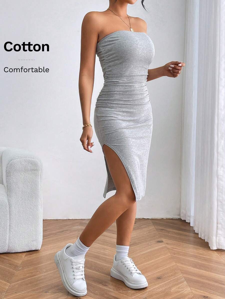 SHEIN PETITE Women Dresses Backless Ruched Split Thigh Plain Seksi Pesta - Grey - View 1