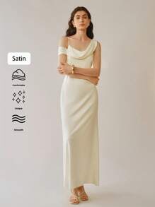 Chiquease 优雅婚礼季女士缎面细肩带修身连衣裙 - 米色 - 查看 6