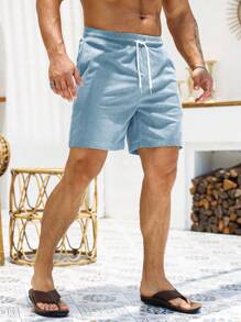Manfinity Homme Pantalones cortos con cordón en la cintura, ajuste holgado, con detalles de letras aplicadas, para vacaciones en la playa, ropa para hombres