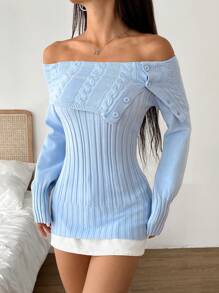 SHEIN EZwear Women's Casual Solid Color Off-Shoulder Sweater, Autumn/Winter - Blue - View 6