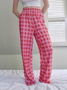 Jouncy Women's Contrast Plaid Pattern Pink Casual Pants Fall Cloth For Women