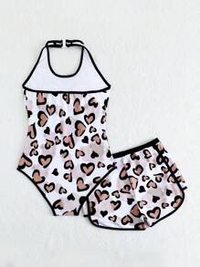 2pcs Teen Girl's Heart Print Halter Neck One-Piece Swimwear Set, With Cover Up Shorts And Top, Summer - Multicolor - View 2