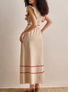 SHEIN Tall Cottage Core Embroidery Detailed Long Dress - Red and White - View 2