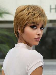 Short Pixie Cut Wig Human Hair Cheap Put On & Go Gluelesss Human Hair Wigs For Women Beginner Friendly Daily Use Machine Made Natural Blonde Color Halloween Costumes - S27A - View 4