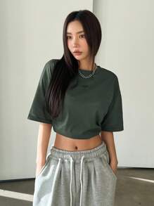 DAZY Letter Embroidery Drop Shoulder Tee - Dark Green - View 3