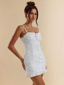 SHEIN BAE White Hollow Out Floral Tie Front Sleeveless Dress, Sweet & Sexy Casual Fit And Flare Sundress, Suitable For Dates, Vacation, Party, Wedding, Prom, Graduation, Daily Wear