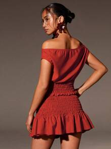 Athîral Women's Solid Colour Bardot Ruched Waist Top - Red - View 2