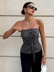 SHEIN Essnce Áo Bandeau kẻ sọc đi làm thường ngày - Xám - Xem 4