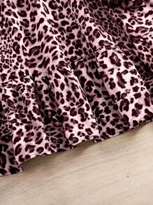 SHEIN Young Girl Casual Matching Mother-Daughter Leopard Print Ruffle Hem Cinched Waist A-Line Elegant Fashion Dress, Autumn/Winter, Autumn/Winter For Back To School Season, Suitable For School, Travel, Outing, And Home Use, For Fall/Winter,Great For Casual & Daily Wear & School Daily In Spring And Autumn,Mom And Daughter Matching,Sister And Me Matching - Pink - View 3
