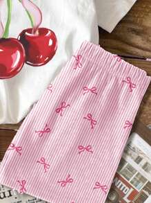 SHEIN 2pcs Vintage Cherry Pink Striped, BM Style, Tween Girls Casual Minimalist Short Sleeve Top And Shorts Set, Summer - Multicolor - View 5