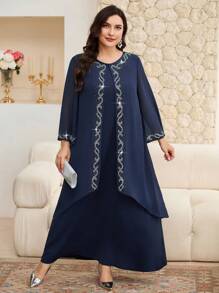 Modelyn 女士加大码水钻装饰长袍和睡袍两件套，优雅 - 藏蓝色 - 查看 5