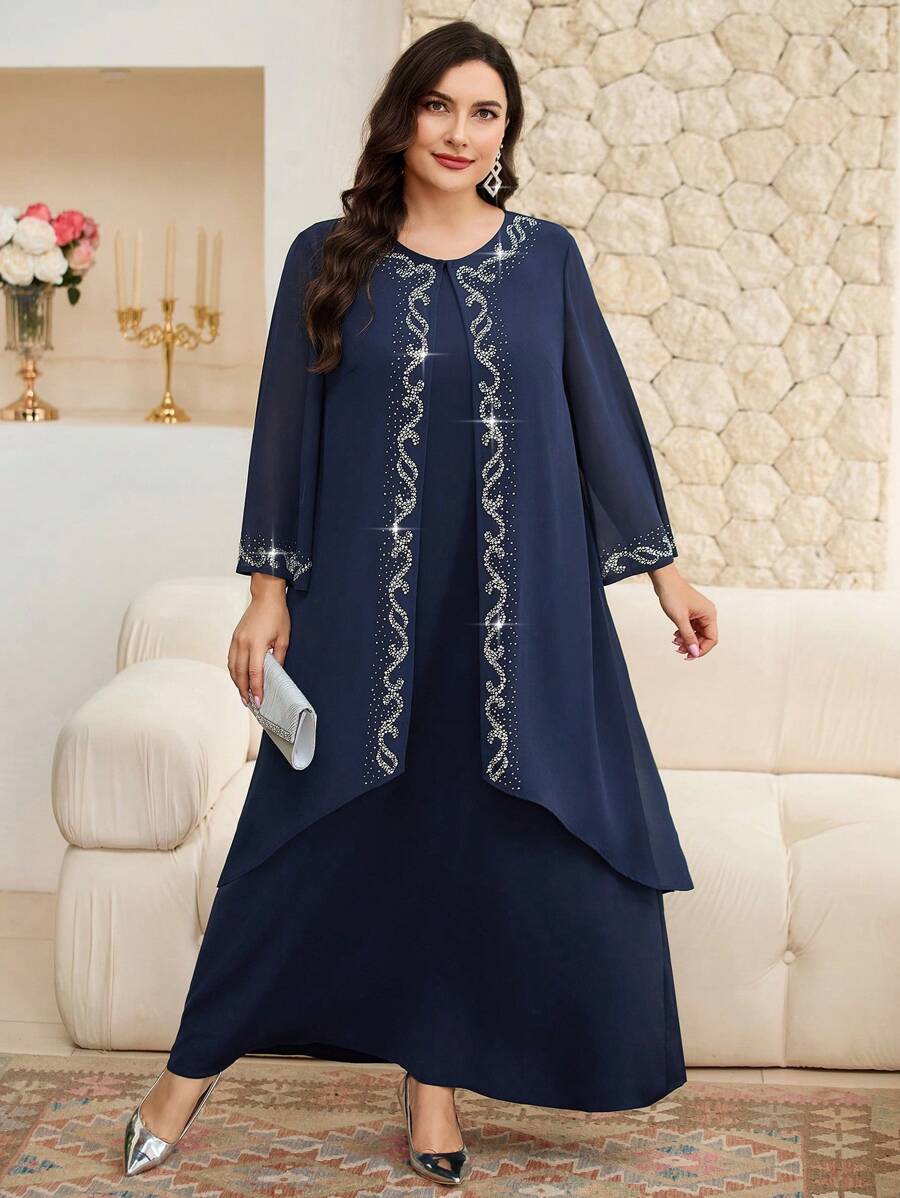 Modelyn Women Plus Size Rhinestone Embellished Robe & Robe 2 Pieces Set, Elegant Fall