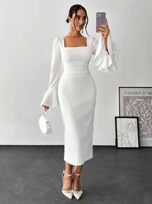 EURMUSE Elegant Style, Square Neck Flare Sleeve With Feather Detailed Midi Dress