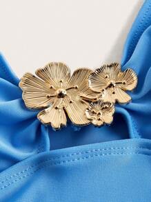 Swim Oasis 女士浪漫优雅水蓝色花朵金属扣扎染印花露背雪纺连体泳衣和裙子套装，适合春夏季 - 藍色 - 查看 7