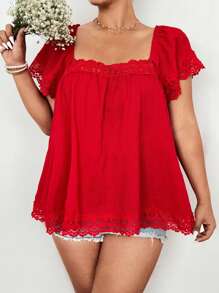 Flirla Blusa casual de mujer de talla grande con unicolor, inserto de encaje y mangas con volantes - Rojo - Ver 1