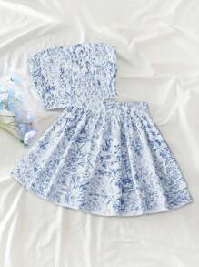 Trelyra Set de 2 piezas con top tubo y falda asimétrica de mujer con estampado floral (corte floral aleatorio)