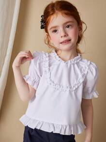 Blossori Young Girls' White Woven Shirt With Ruffled Hem, French Elegant Style For Spring/Summer - White - View 7