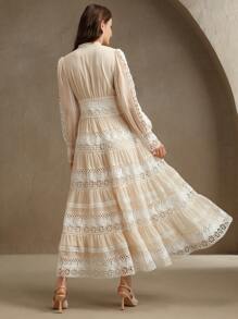 Anewsta 法式时尚宫廷镂空拼接柔软蕾丝边长裙，适合春季、节日、度假 - 米色 - 查看 2