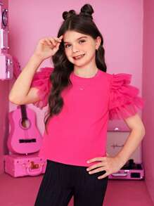 SHEIN Tween 女童纯色圆领网眼拼接短袖 T 恤 - 玫紅色 - 查看 5