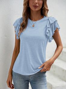 女士纯色圆领荷叶边短袖休闲宽松 T 恤 - 淺藍色 - 查看 5