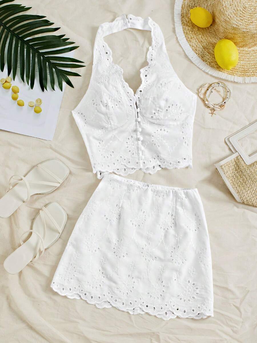 SHEIN Unity Embroidered Halter Top & Low-Waisted Mini Skirt 2 Pieces Set - White - View 1