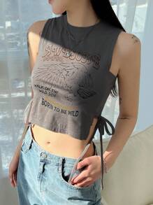 DAZY 标语图案结饰短款背心 狂野一面的超棒力量行走 充满阳光 天空才是极限 生来狂野节 - 深灰色 - 查看 4